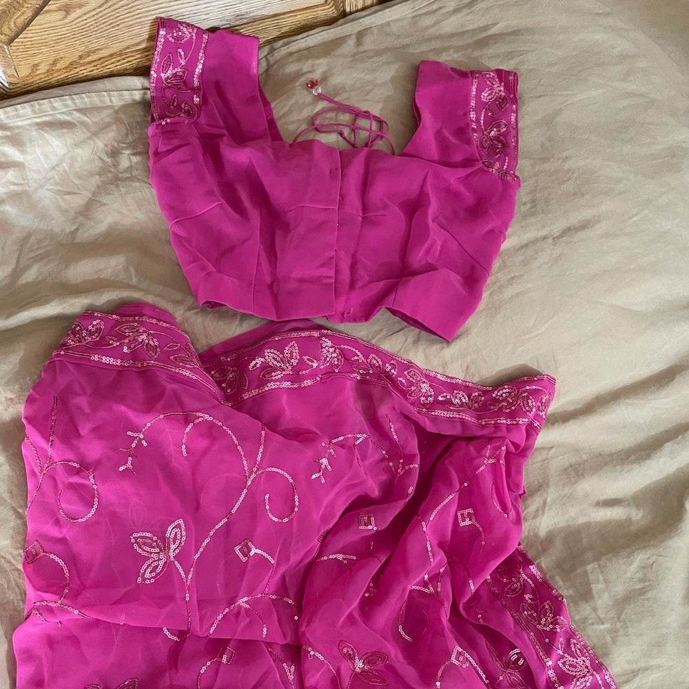 Hot pink magenta Indian saree with stitched blouse